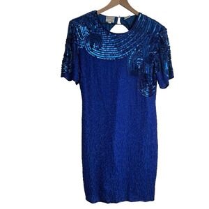 VTG Stenay Dress 10 Blue‎ Sequin Beading Silk Short Sleeve Evening Party Event
